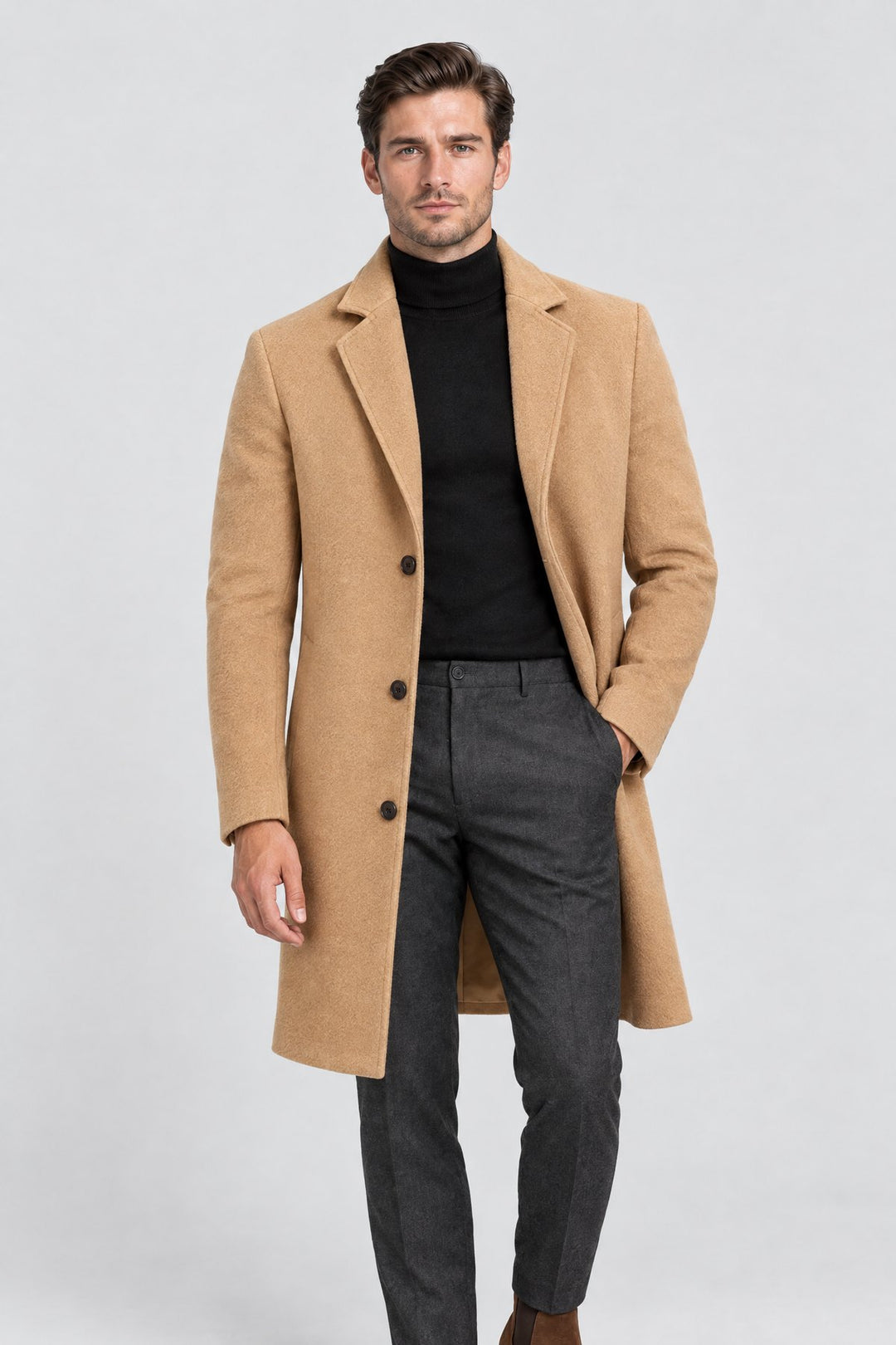 The Hampstead Overcoat in Camel, on model