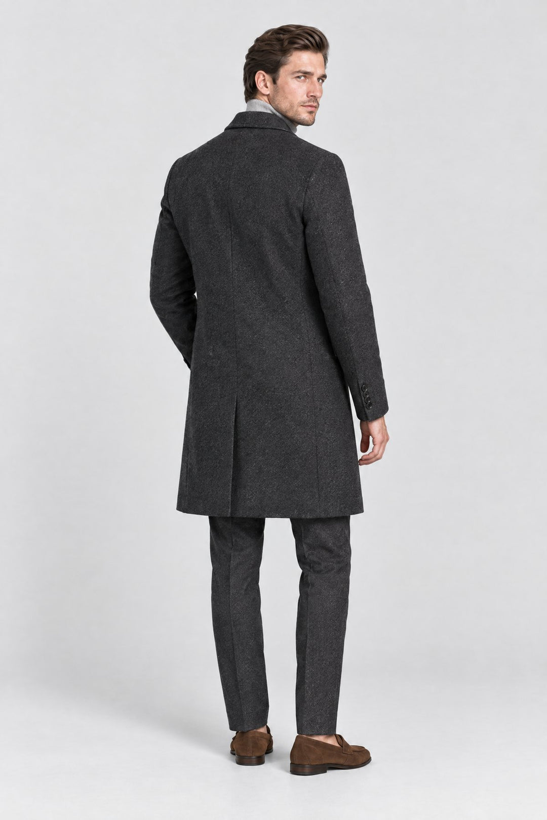 The Hampstead Overcoat in Charcoal, back view