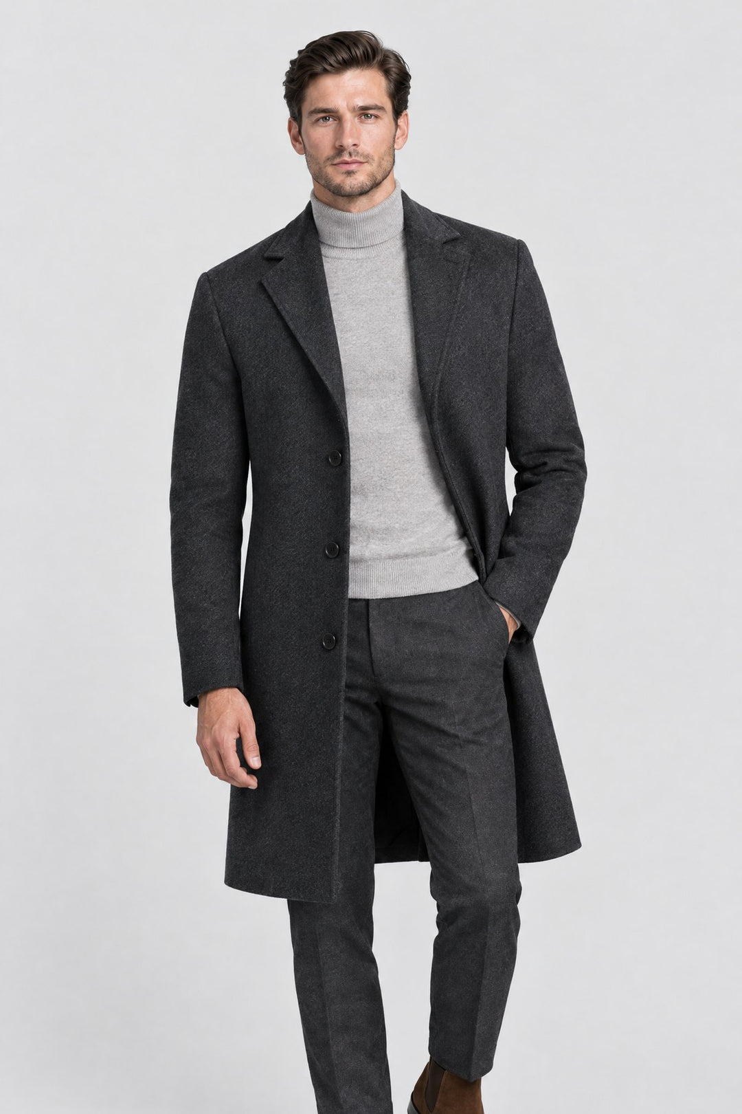 The Hampstead Overcoat in Charcoal, on model