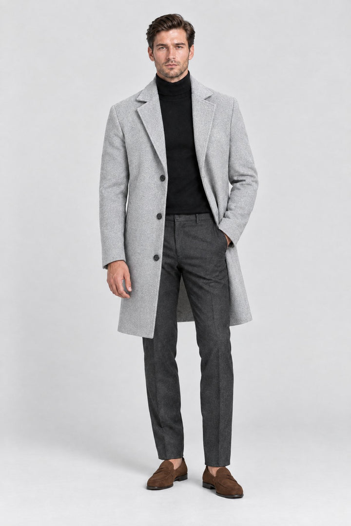 The Hampstead Overcoat in Light Grey, full length