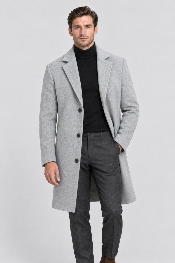 The Hampstead Overcoat in Light Grey, on model