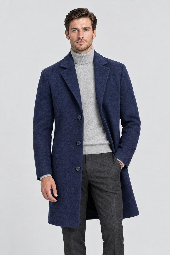 The Hampstead Overcoat in Navy, on model