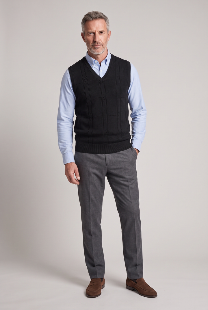 The Harrow Cable Knit Vest in Black – menswear by WARDLEY London