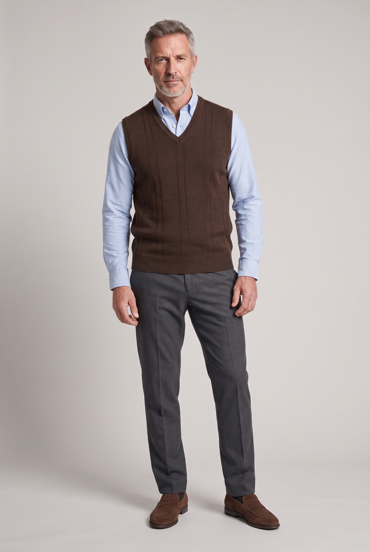 The Harrow Cable Knit Vest in Chocolate – menswear by WARDLEY London