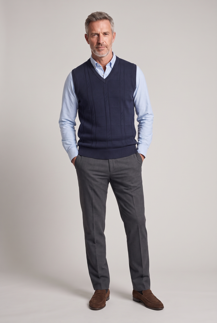 The Harrow Cable Knit Vest in Navy – menswear by WARDLEY London