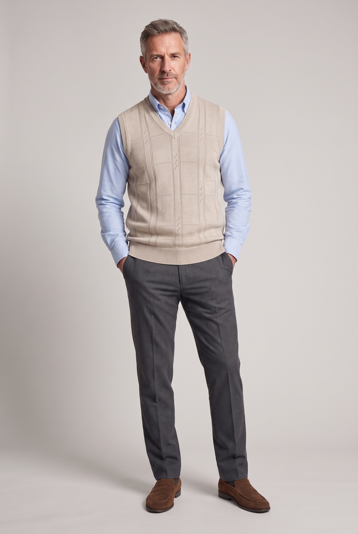 The Harrow Cable Knit Vest in Oat – menswear by WARDLEY London