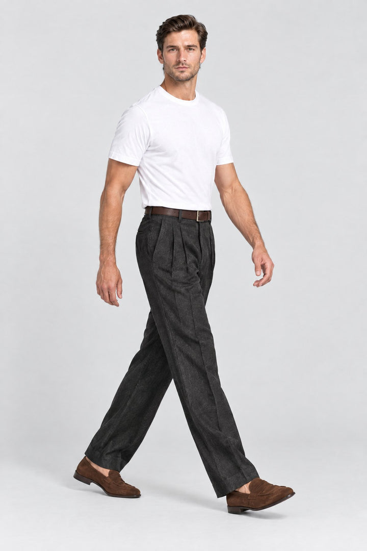 The Henley Pleated Trouser in Black, side view