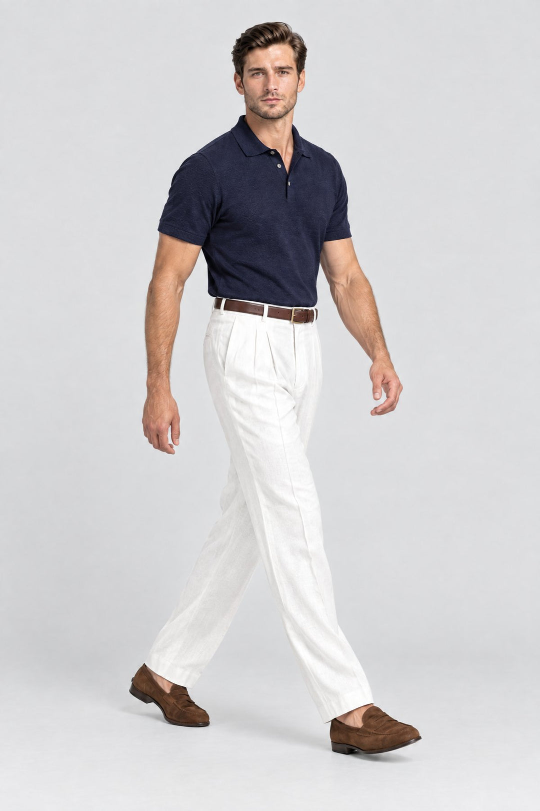 The Henley Pleated Trouser in Off White, side view