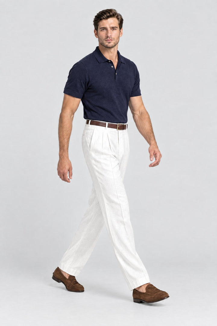 The Henley Pleated Trouser in Off White, side view