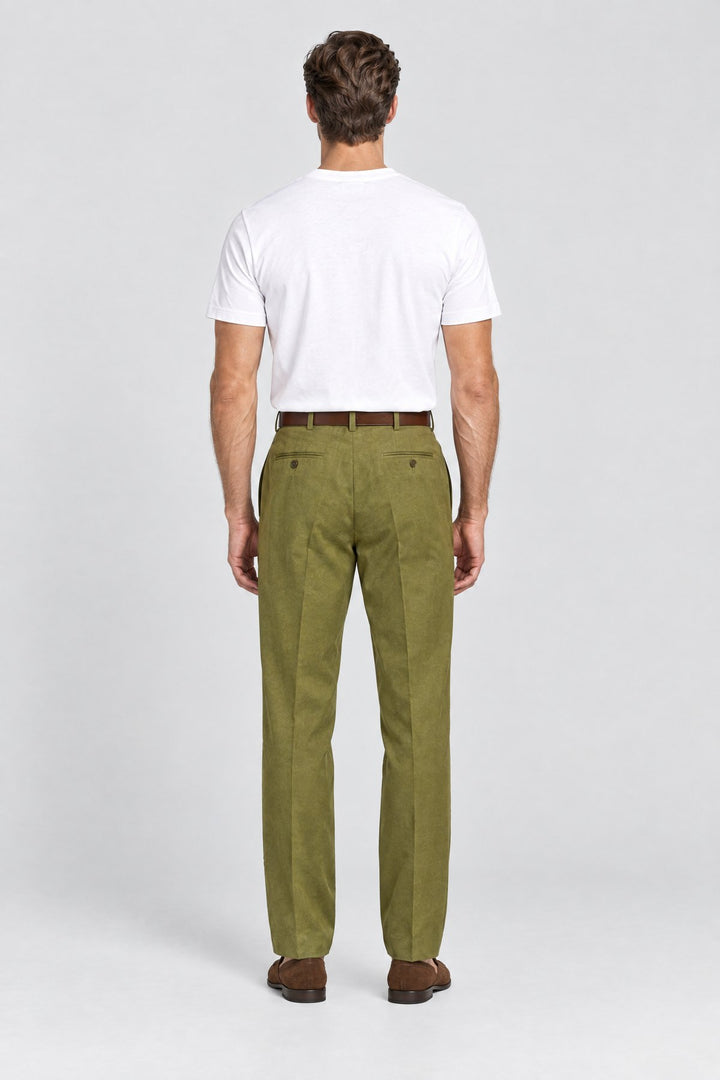 The Henley Pleated Trouser in Olive, back view