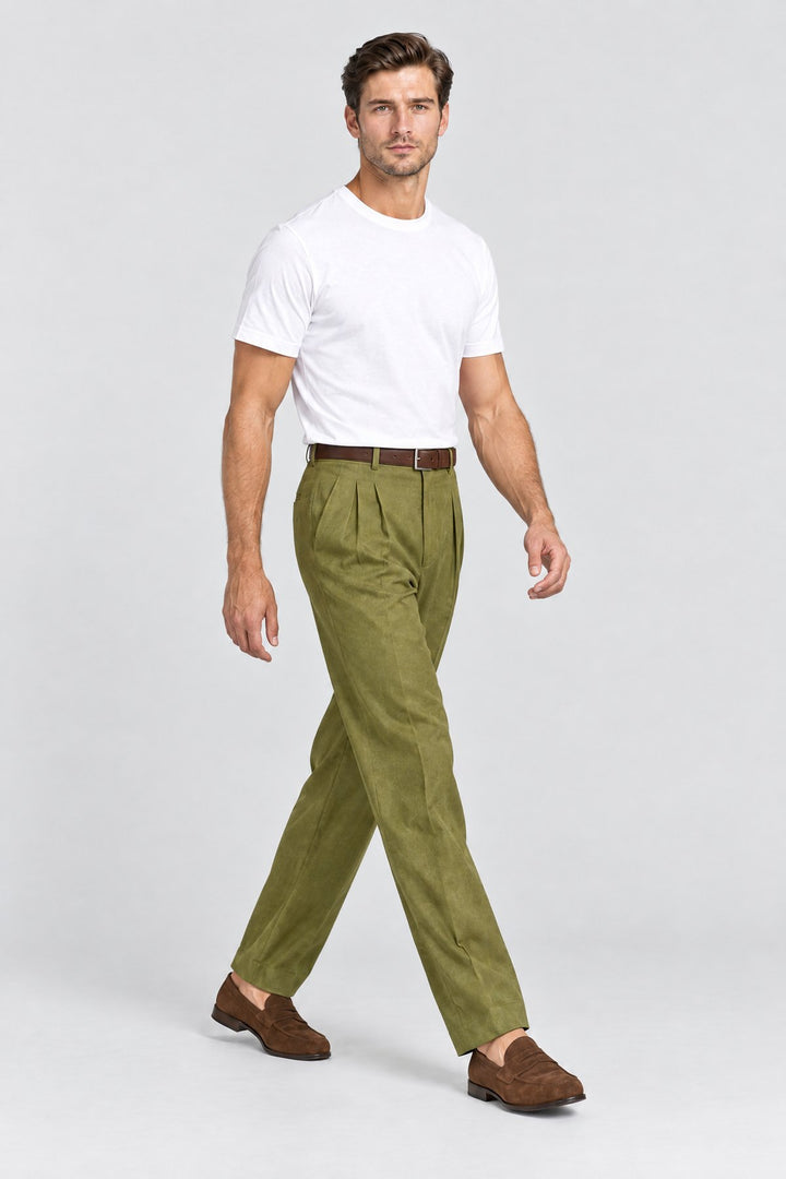 The Henley Pleated Trouser in Olive, side view