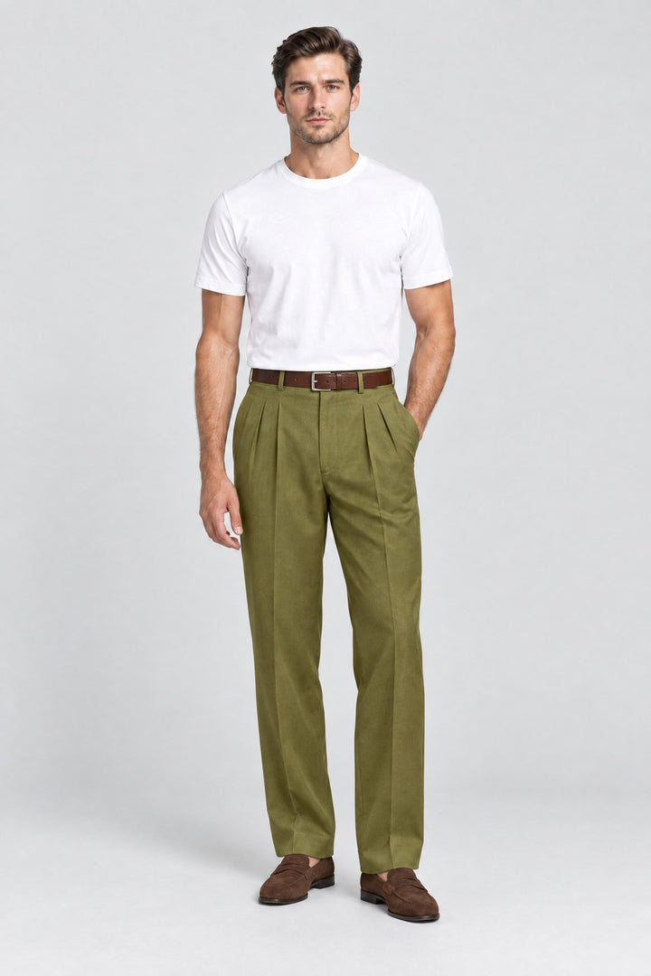 The Henley Pleated Trouser in Olive worn by model
