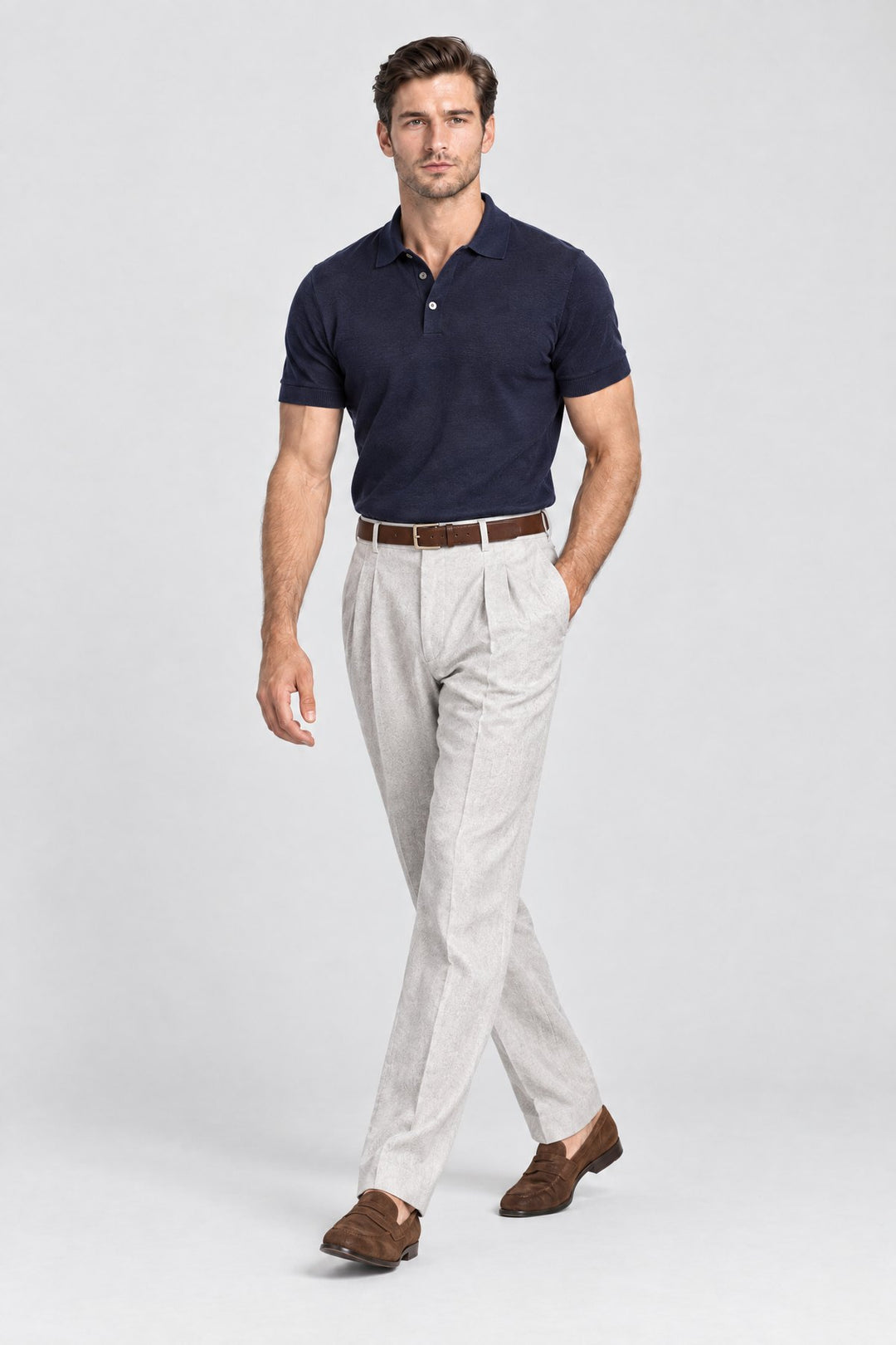 The Henley Pleated Trouser in Pale Grey, side view
