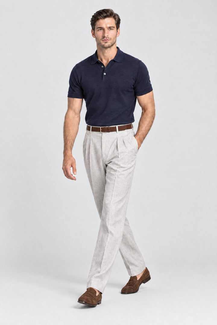 The Henley Pleated Trouser in Pale Grey, side view