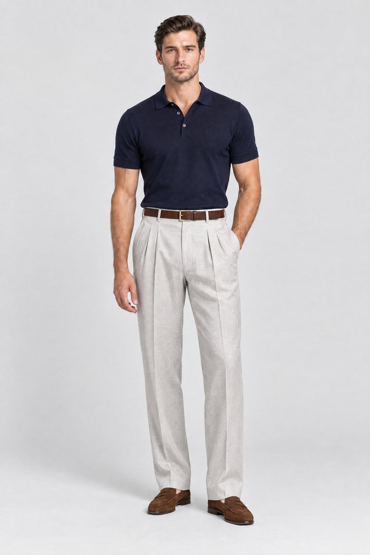The Henley Pleated Trouser in Pale Grey worn by model