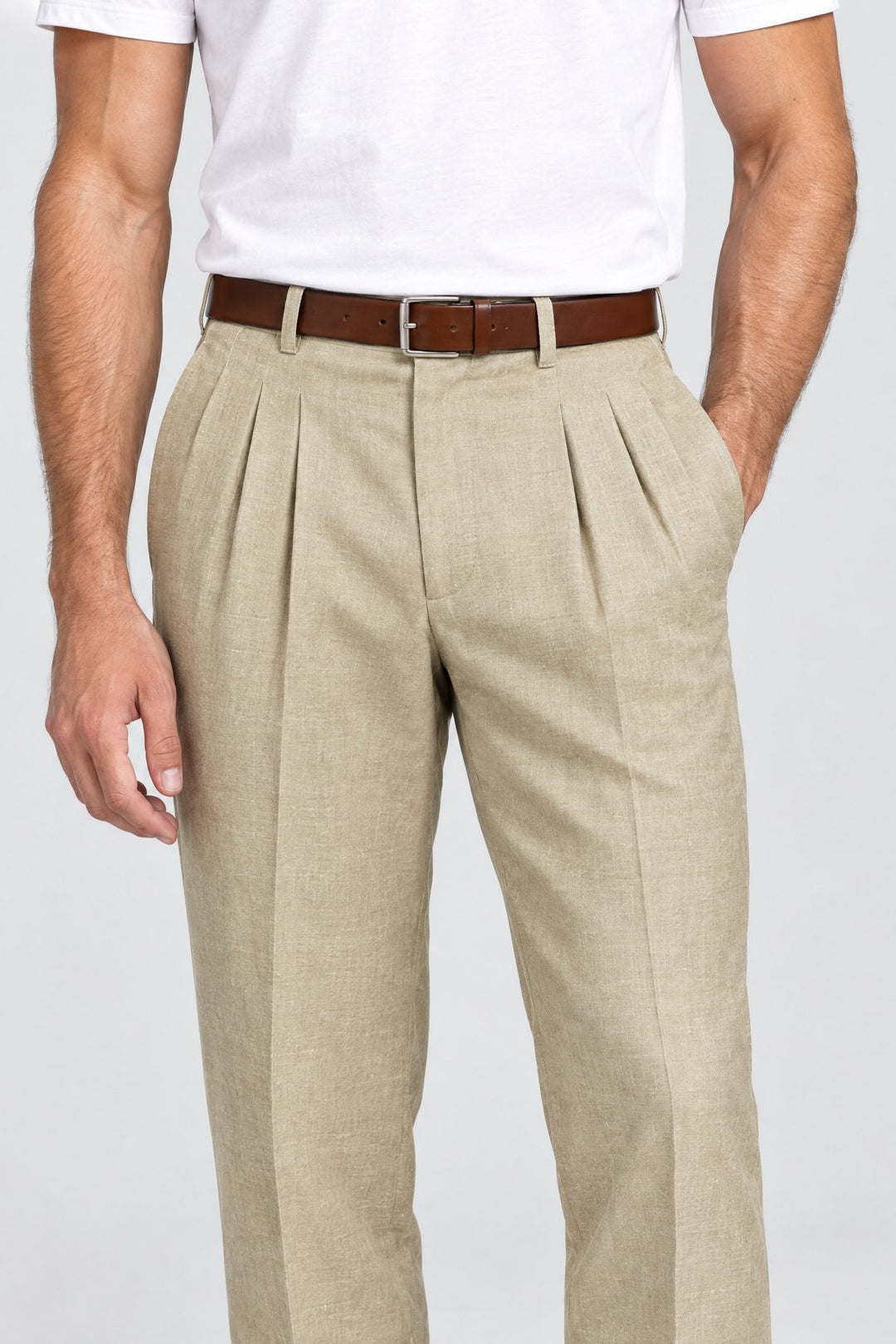 The Henley Pleated Trouser in Stone, detail
