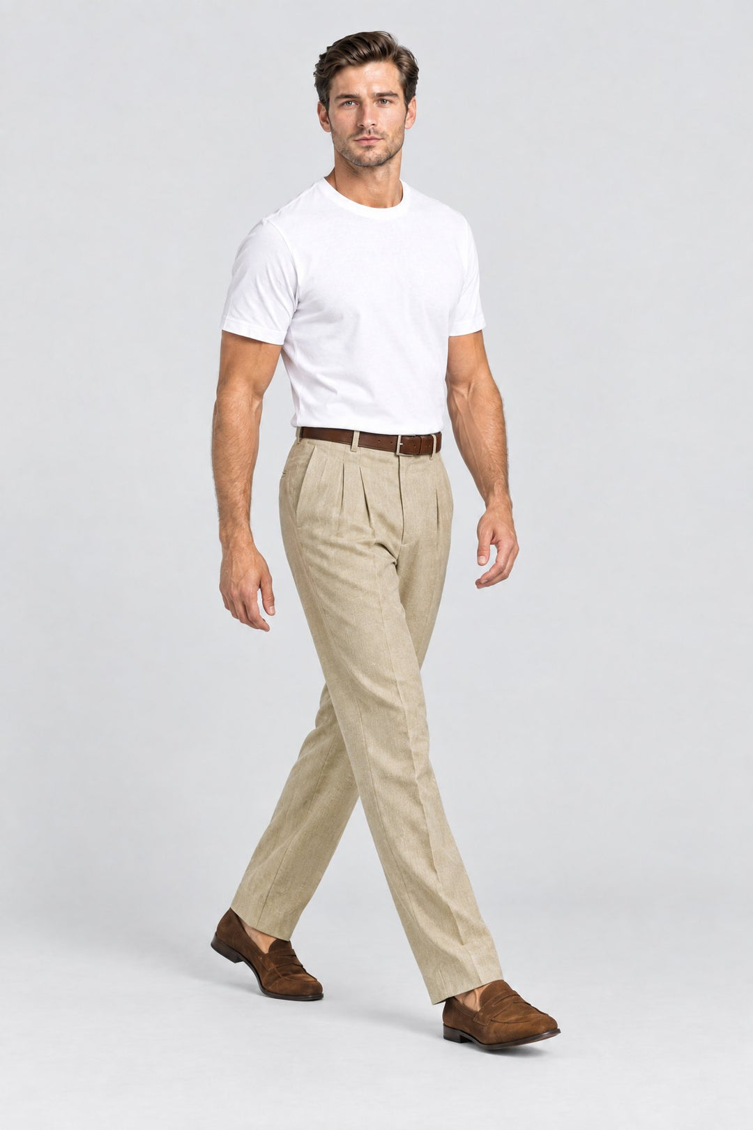 The Henley Pleated Trouser in Stone, side view
