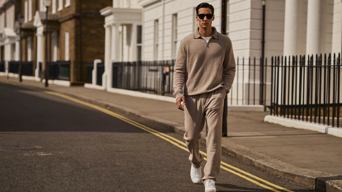 Man in oat knit quarter-zip set walking on a Belgravia street