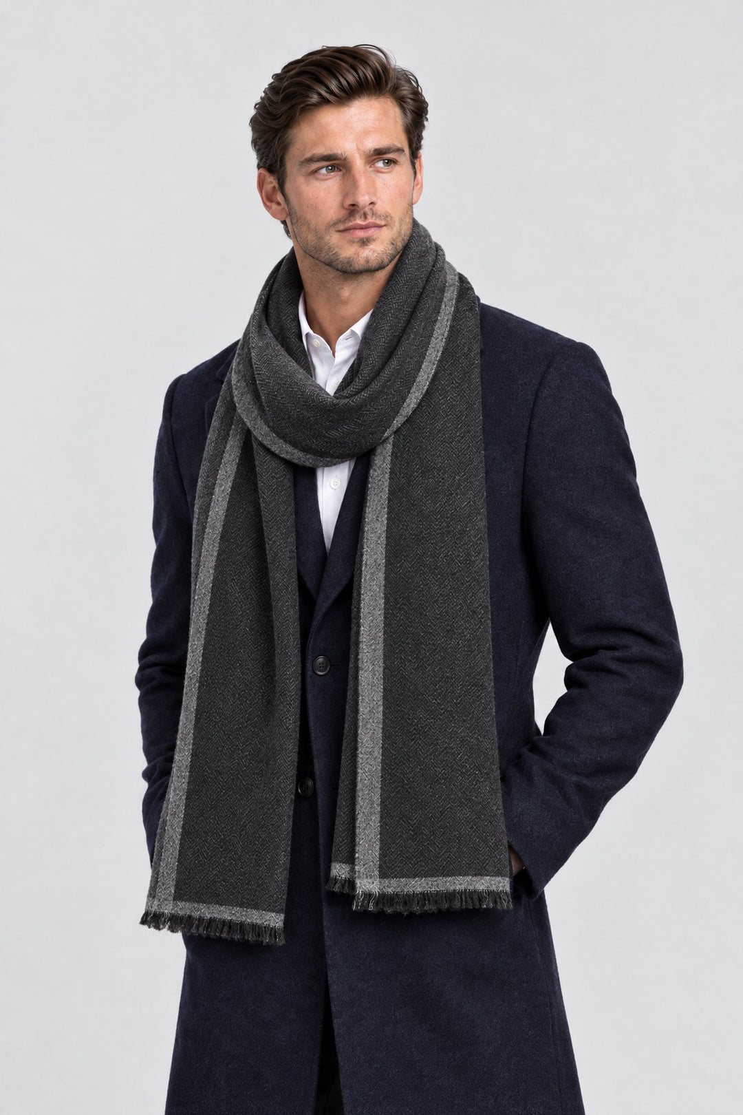 The Herringbone Scarf in Charcoal, styled