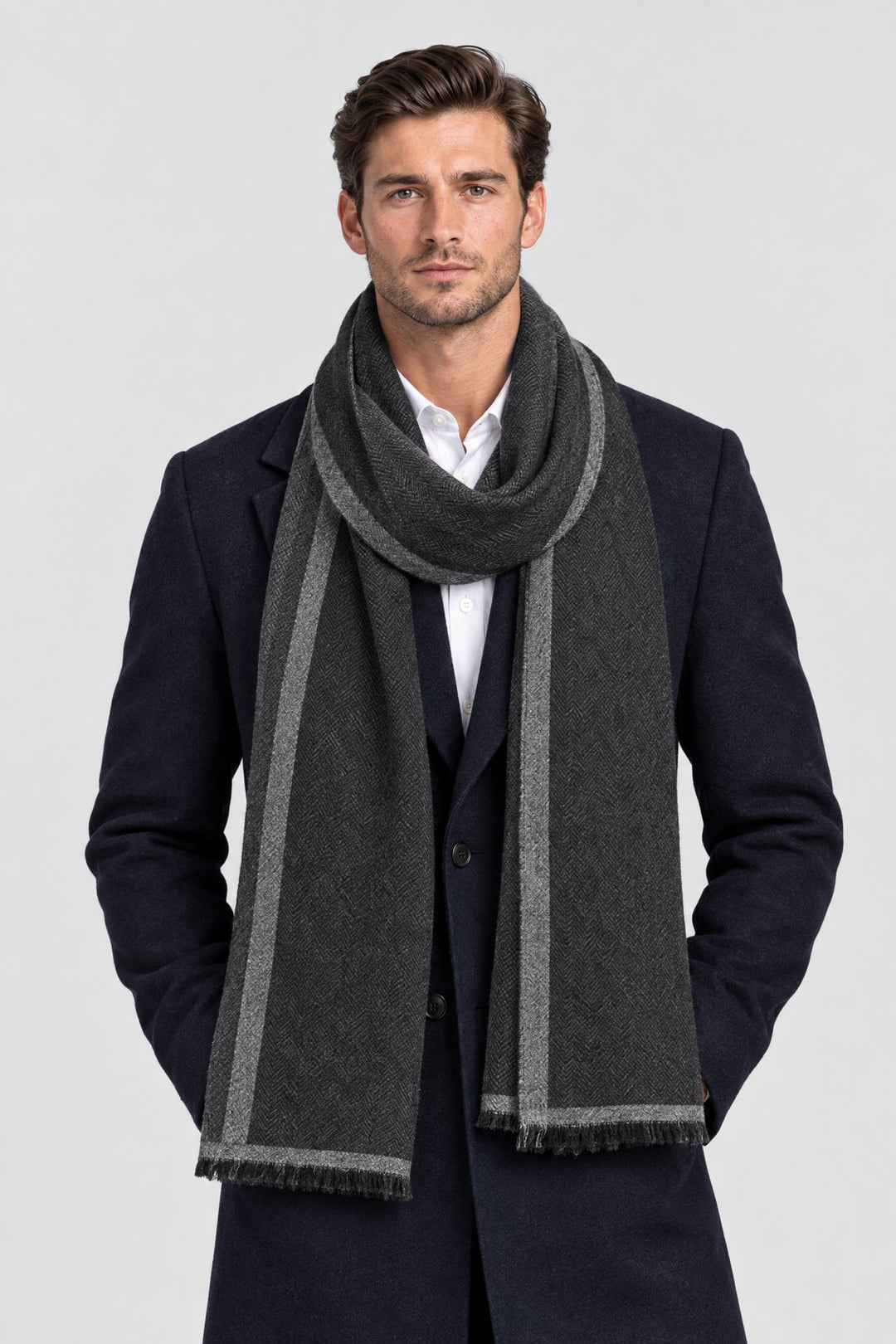 The Herringbone Scarf in Charcoal, on model