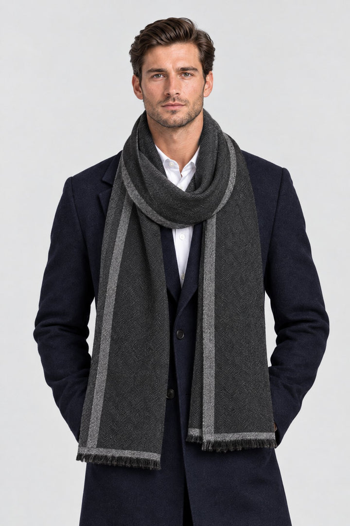 The Herringbone Scarf in Charcoal, on model