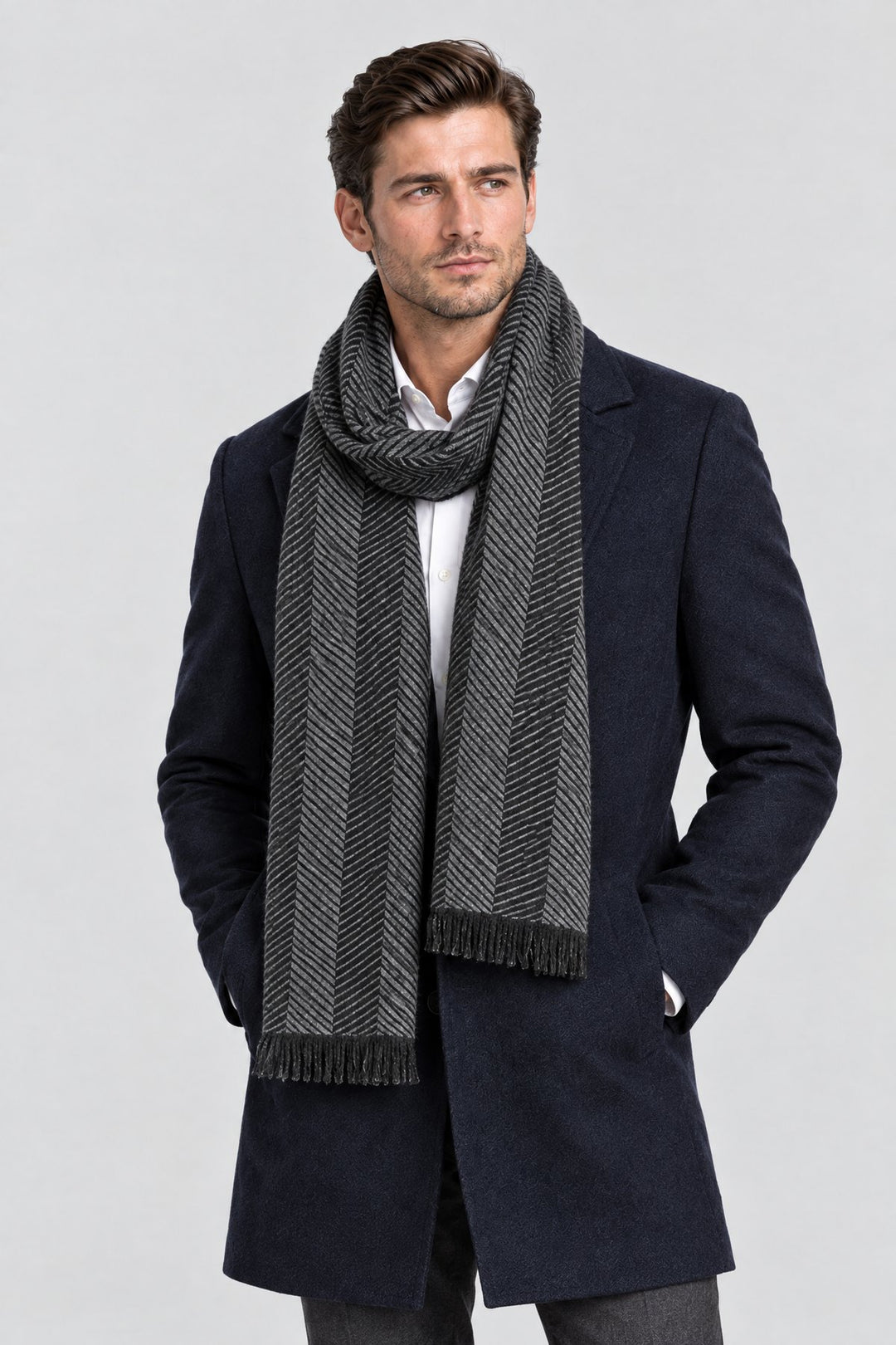 The Herringbone Scarf in Grey Stripe, styled