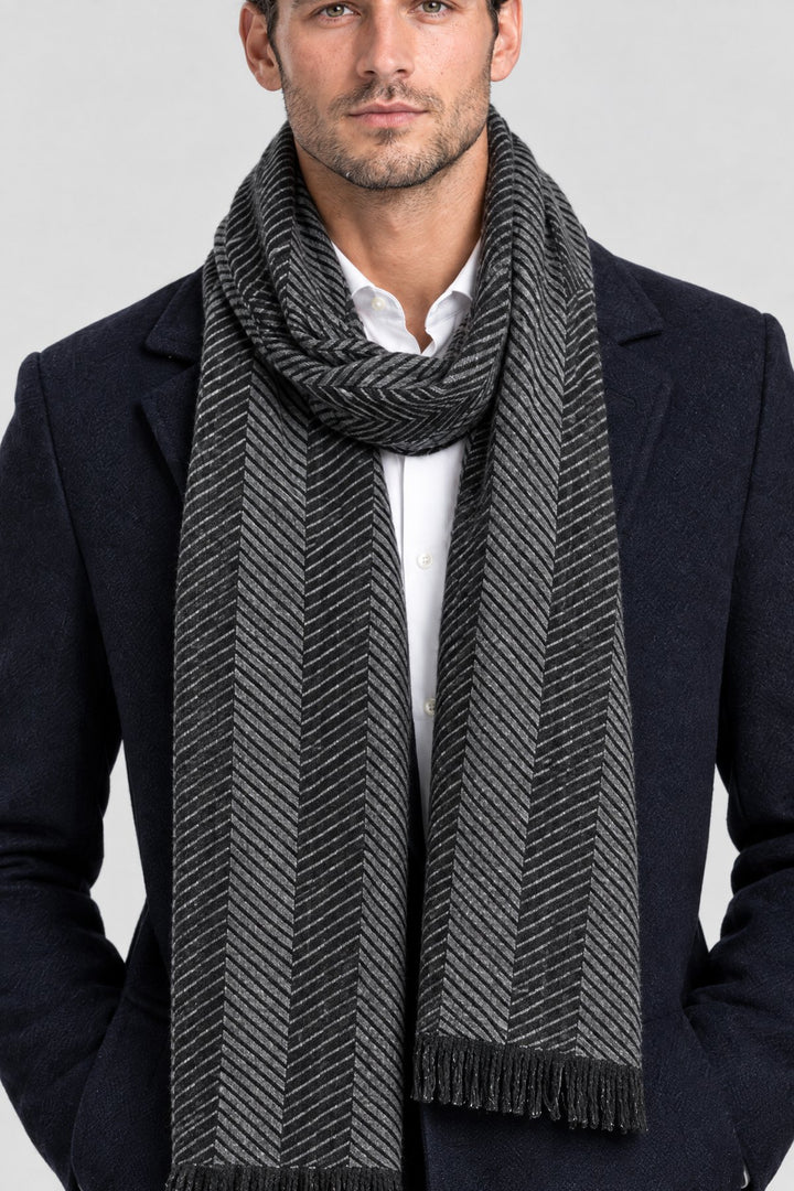 The Herringbone Scarf in Grey Stripe, detail