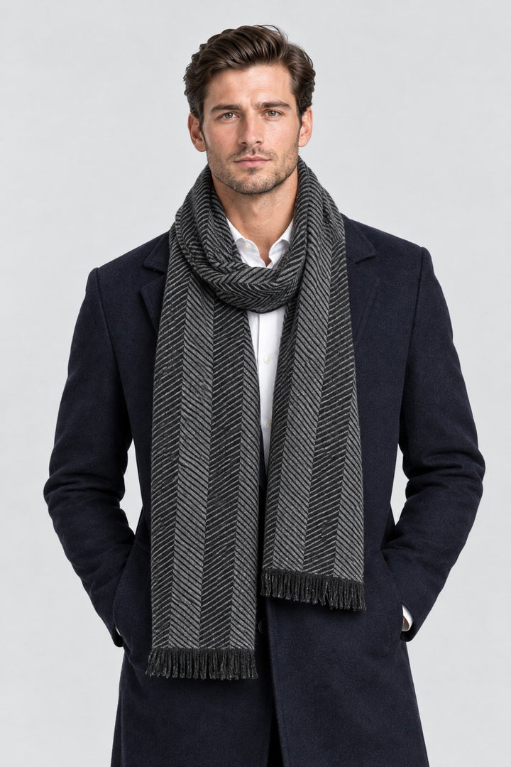 The Herringbone Scarf in Grey Stripe, on model