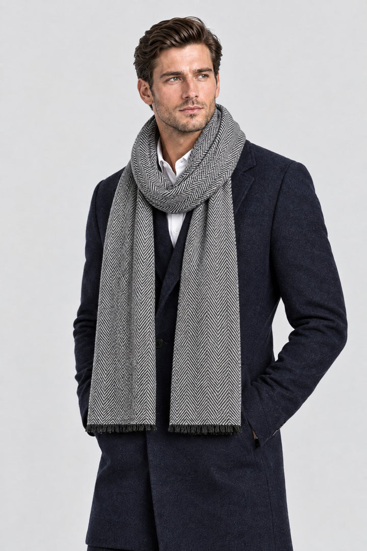 The Herringbone Scarf in Light Grey, styled