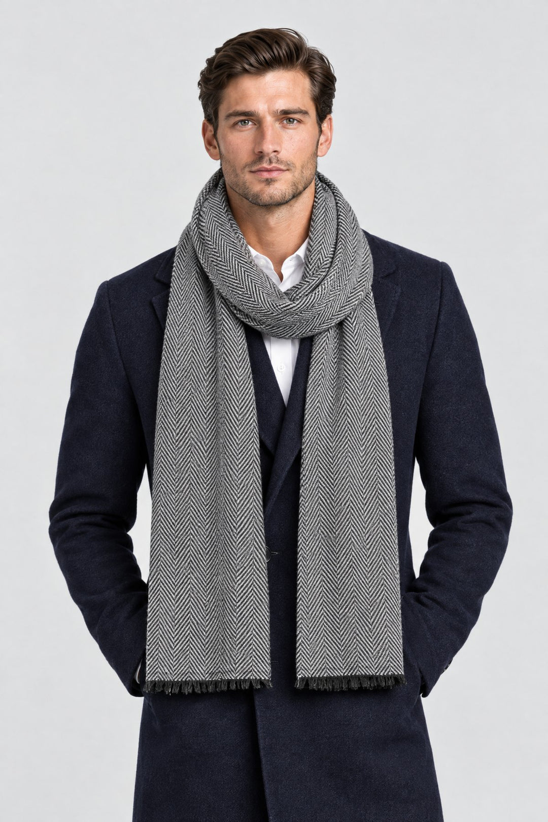 The Herringbone Scarf in Light Grey, on model