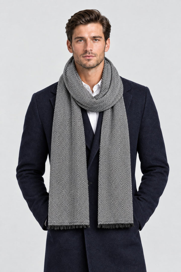 The Herringbone Scarf in Light Grey, on model