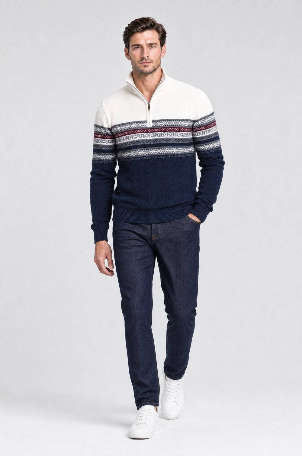Men's Nordic quarter zip jumper in Ecru / Navy – The Highbury by WARDLEY