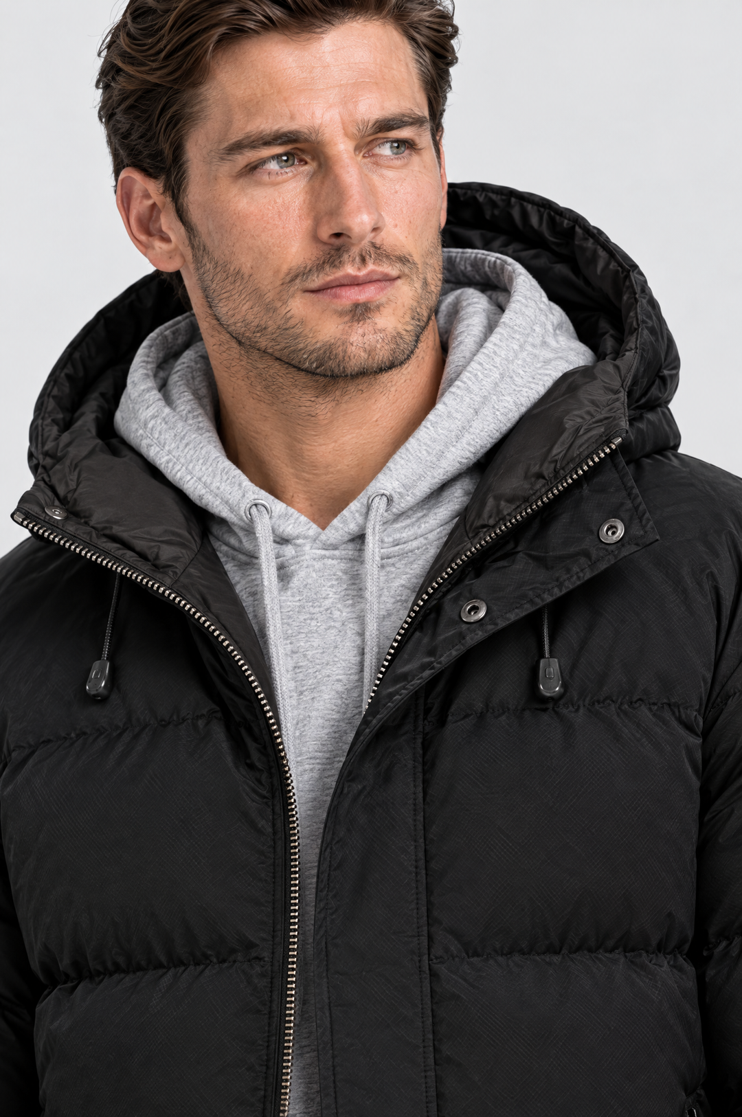 The Highgate Hooded Puffer in Black, close-up detail