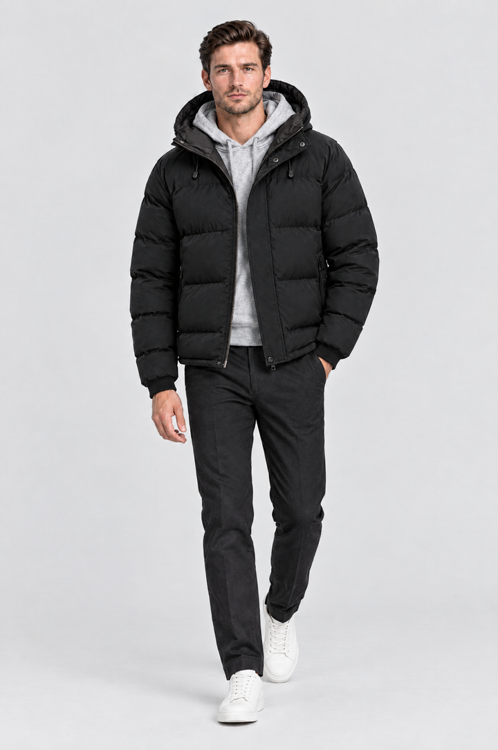 The Highgate Hooded Puffer in Black, on model, full length