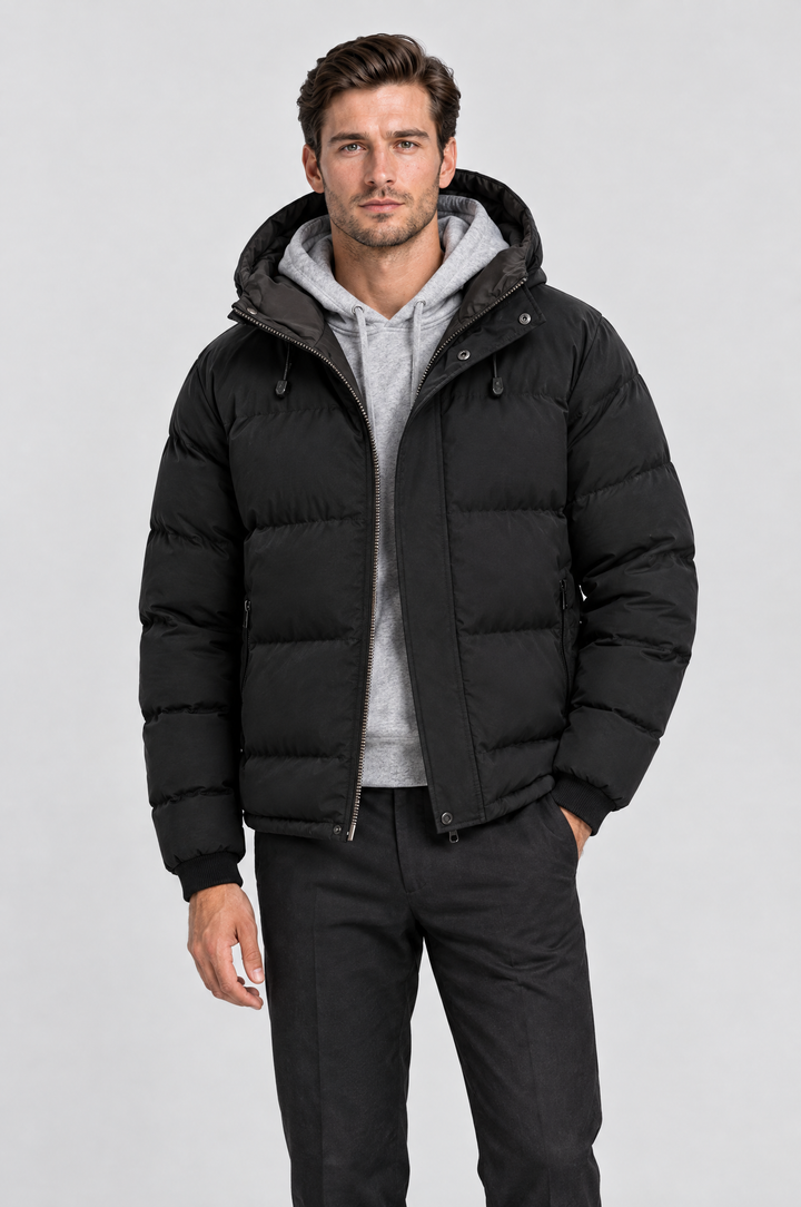 The Highgate Hooded Puffer in Black, on model, front
