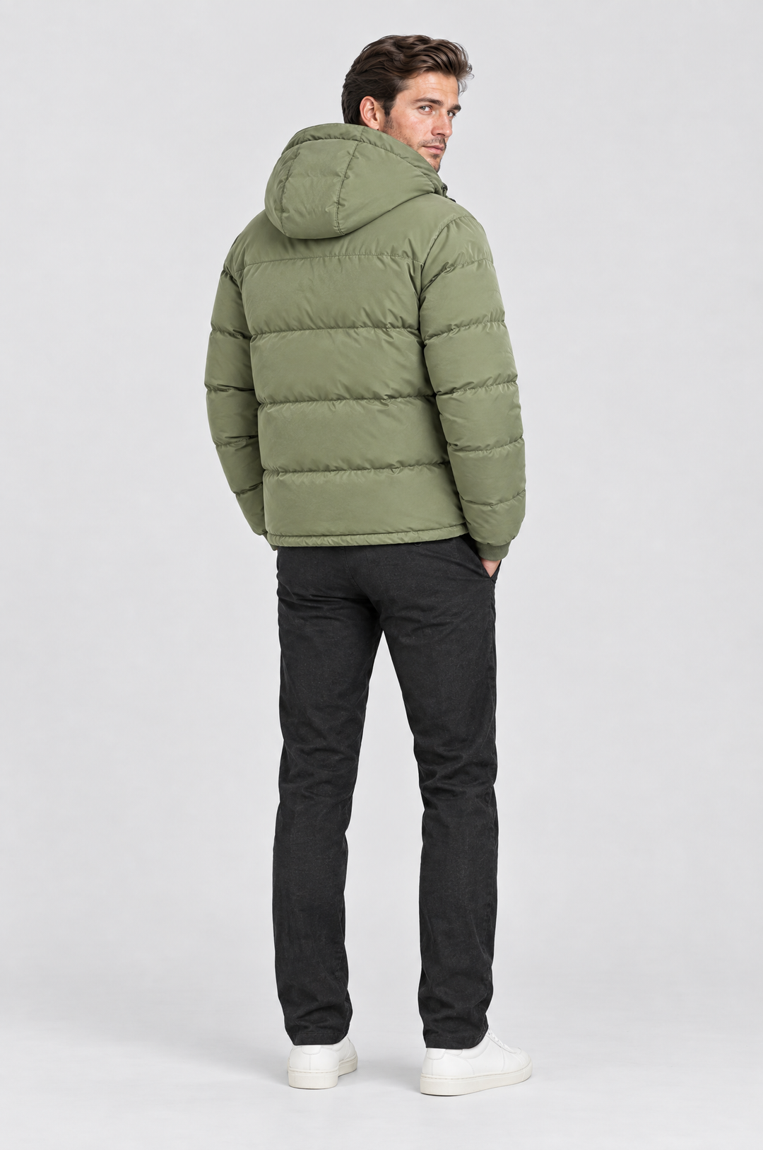 The Highgate Hooded Puffer in Sage, on model, back view