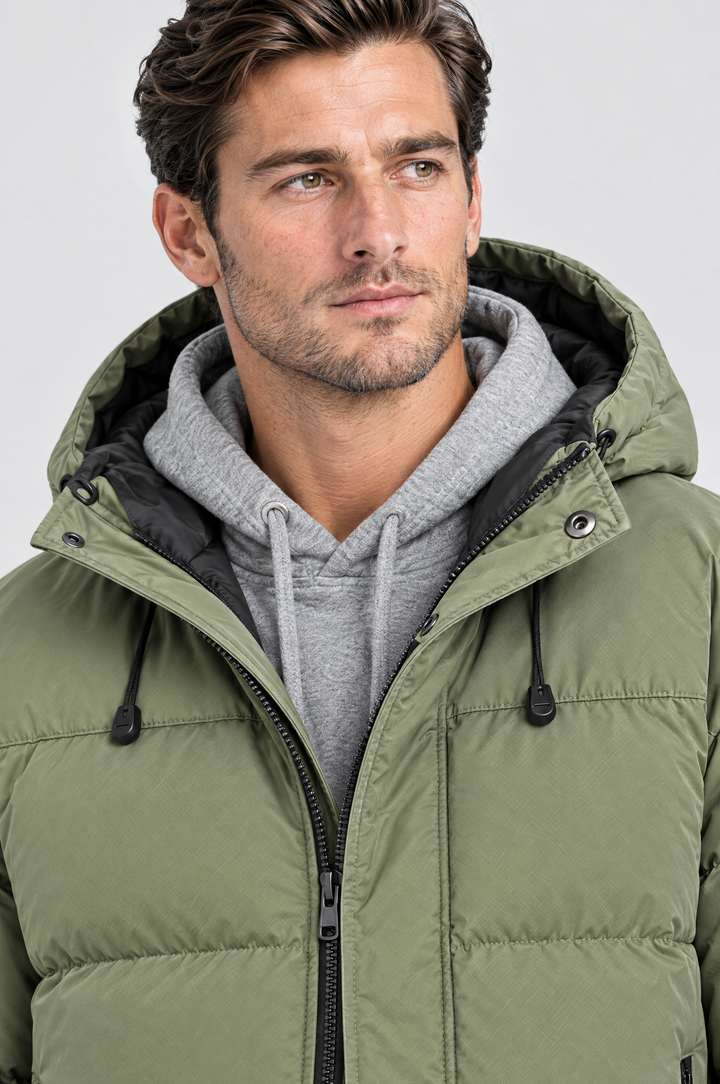 The Highgate Hooded Puffer in Sage, close-up detail