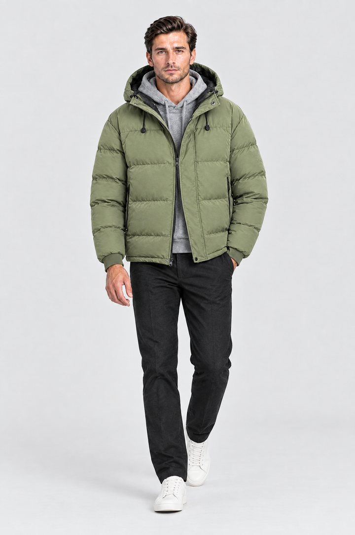 The Highgate Hooded Puffer in Sage, on model, full length
