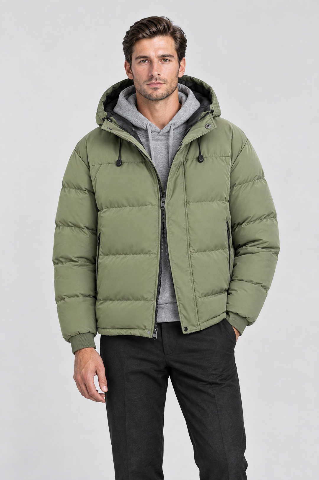 The Highgate Hooded Puffer in Sage, on model, front