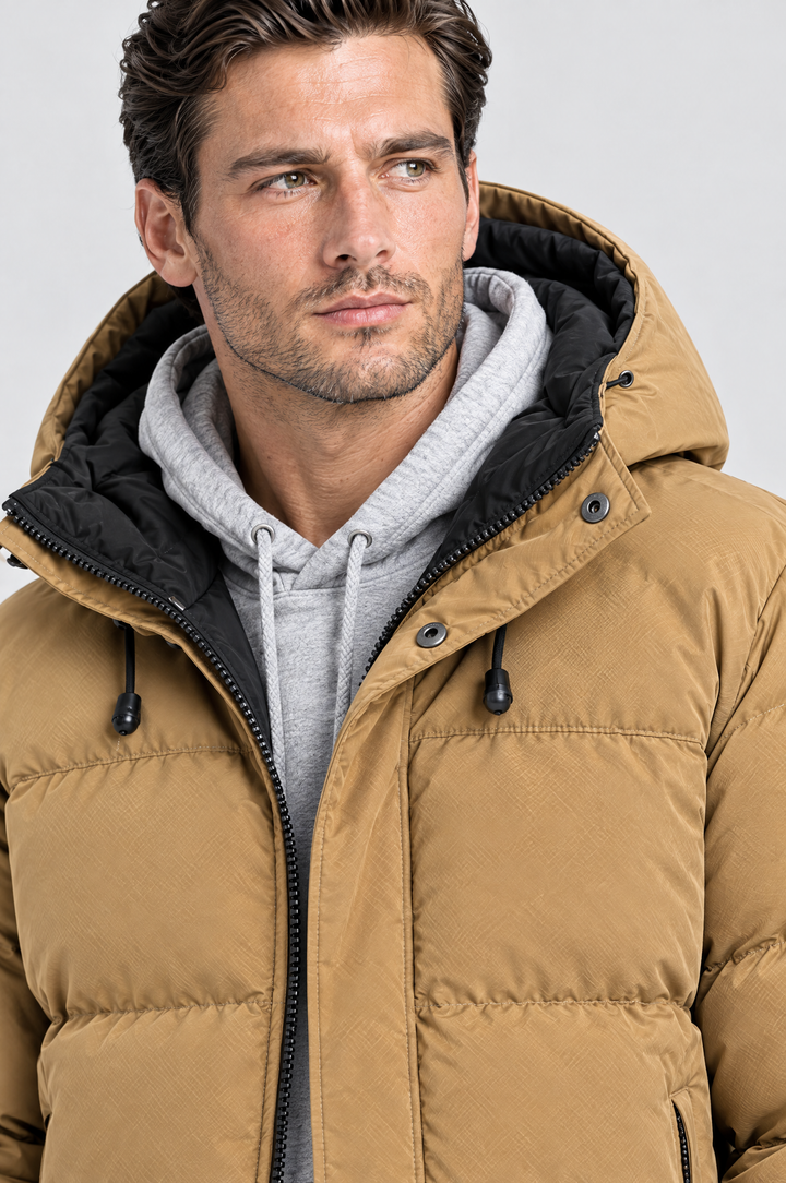 The Highgate Hooded Puffer in Tan, close-up detail