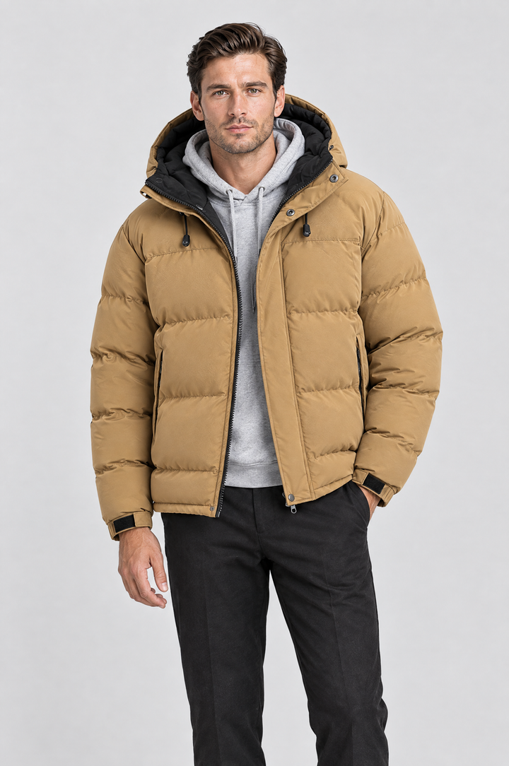 The Highgate Hooded Puffer in Tan, on model, front