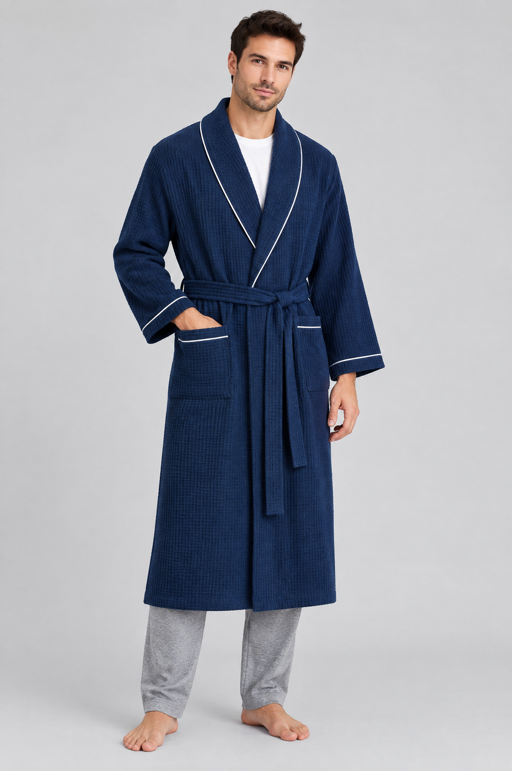 Men's Cotton Waffle Dressing Gown in Navy – The Holland Park by WARDLEY