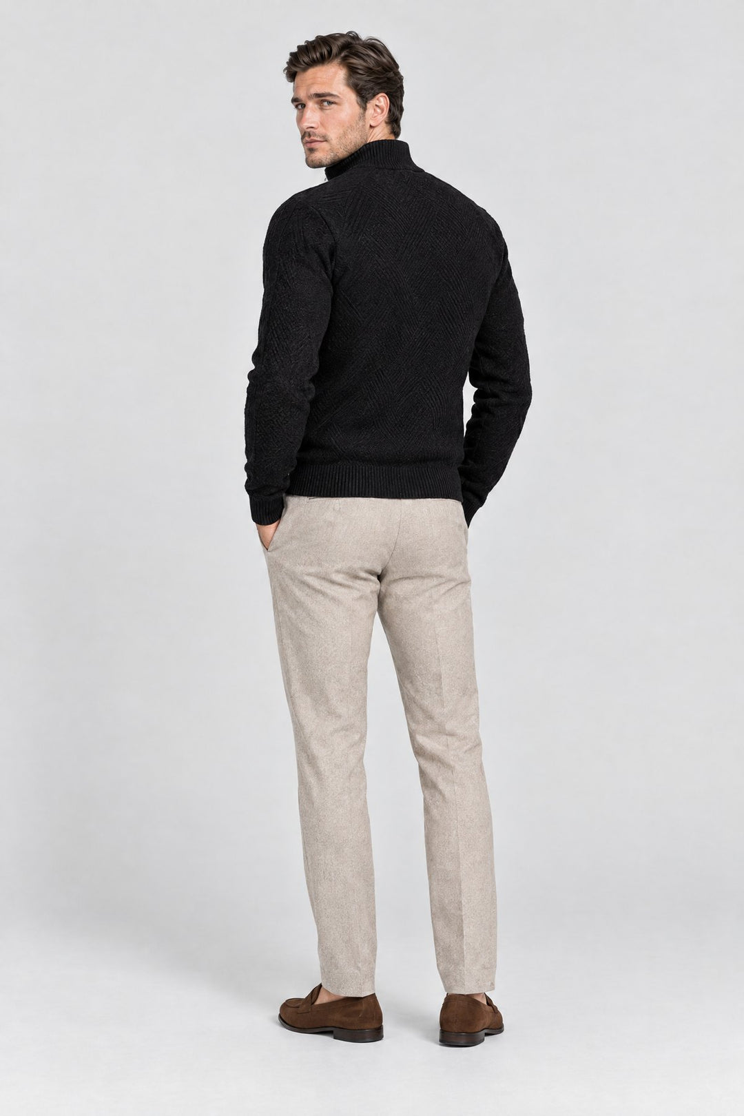 The Holland Zip Cardigan in Black, back view