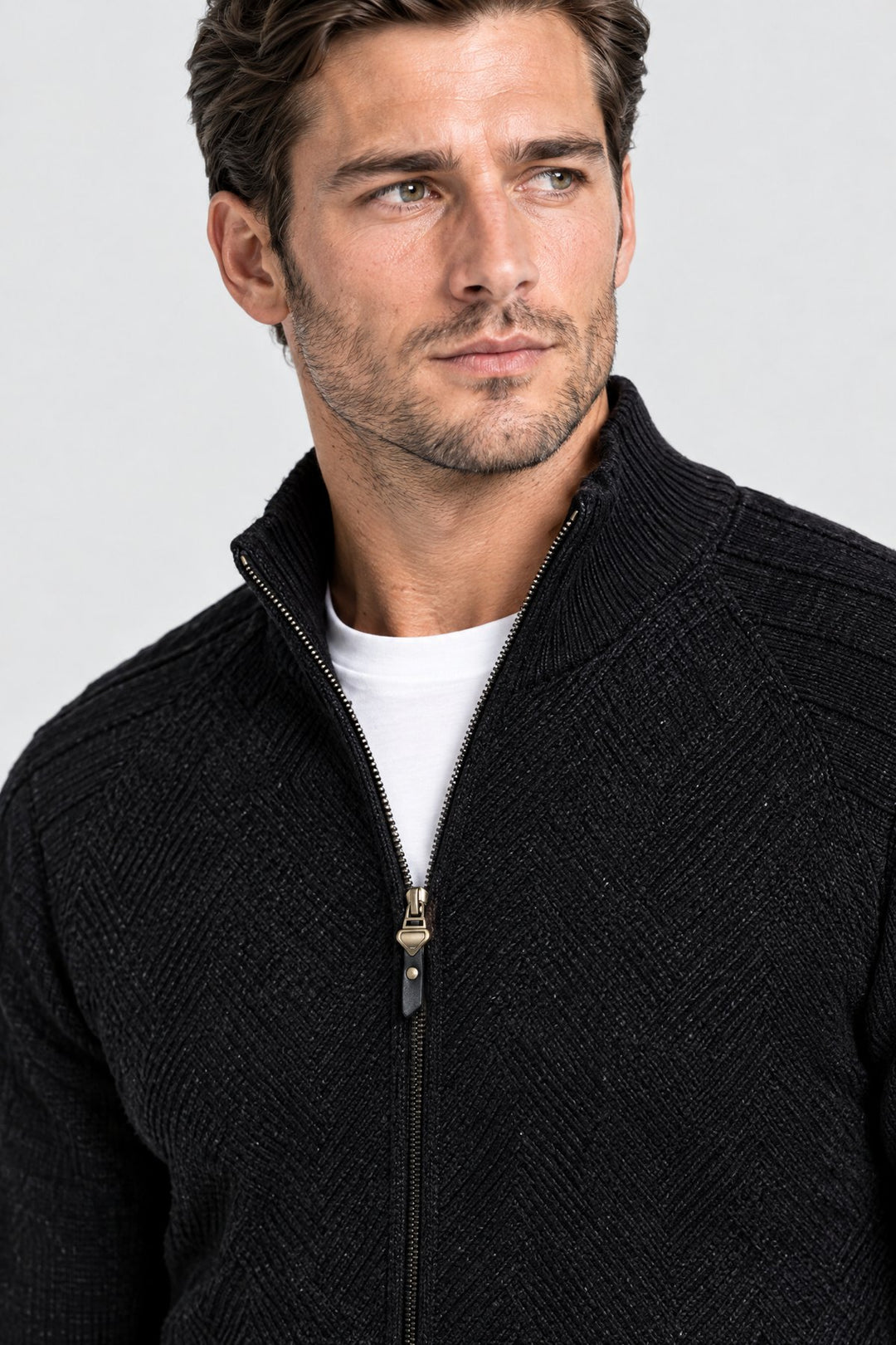 The Holland Zip Cardigan in Black, detail