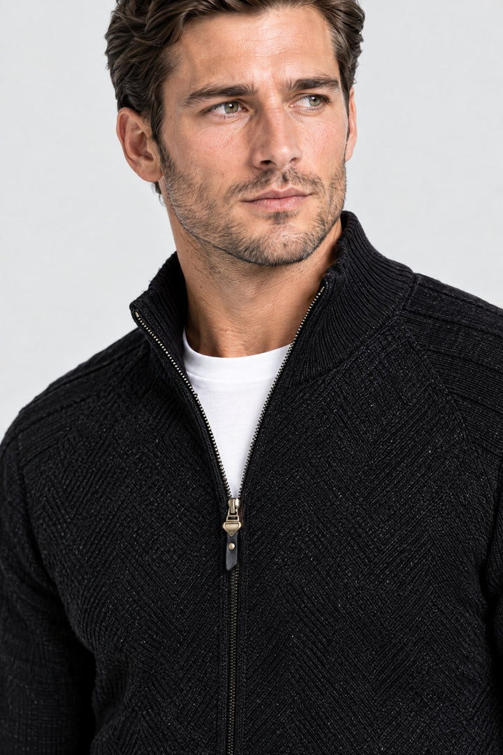 The Holland Zip Cardigan in Black, detail