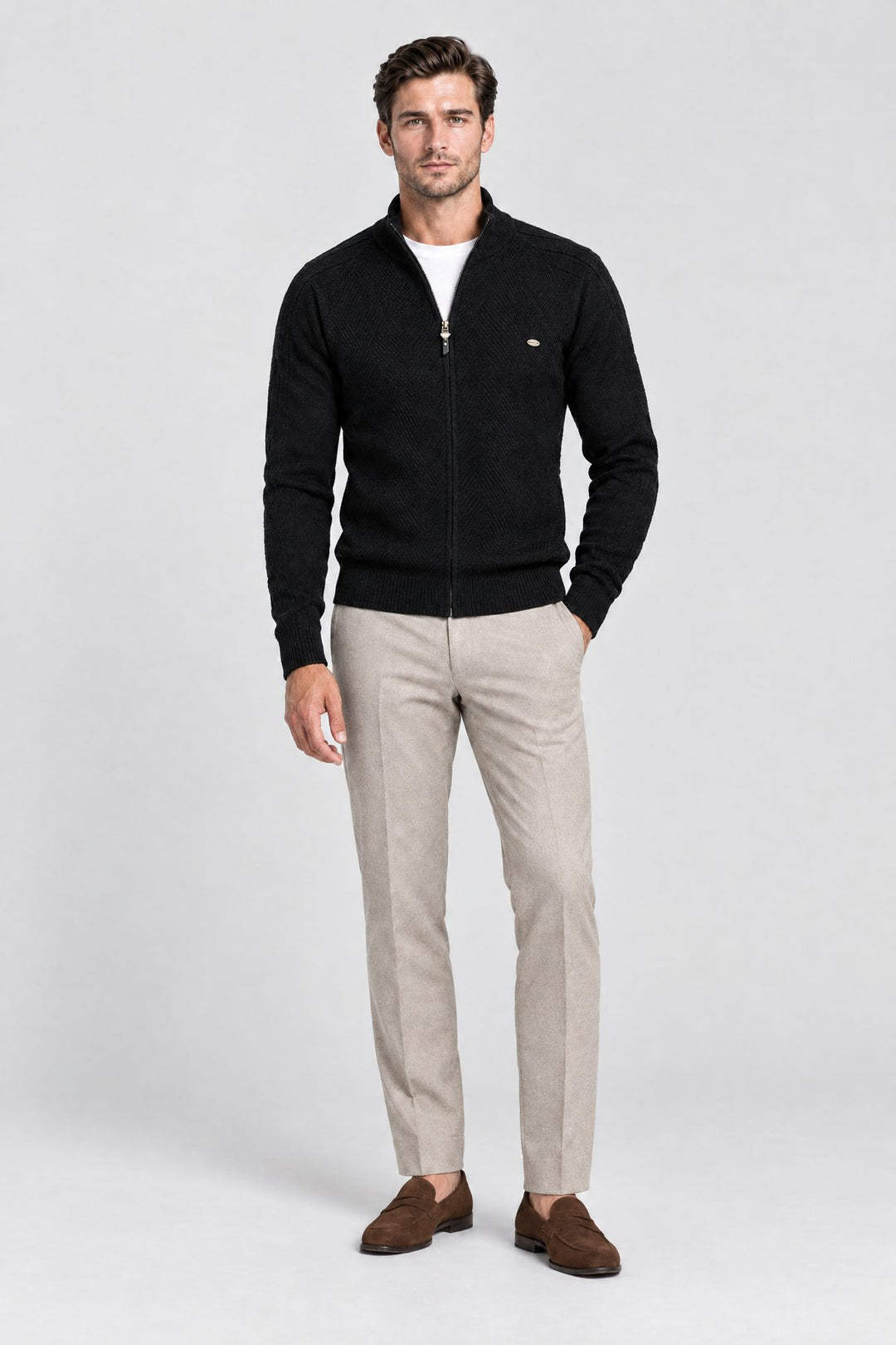The Holland Zip Cardigan in Black, full length