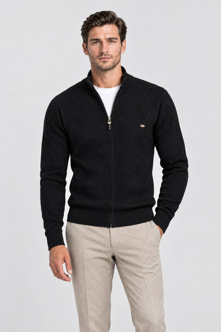 The Holland Zip Cardigan in Black worn by model
