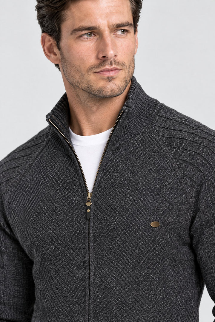 The Holland Zip Cardigan in Charcoal, detail