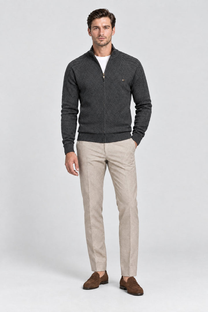 The Holland Zip Cardigan in Charcoal, full length