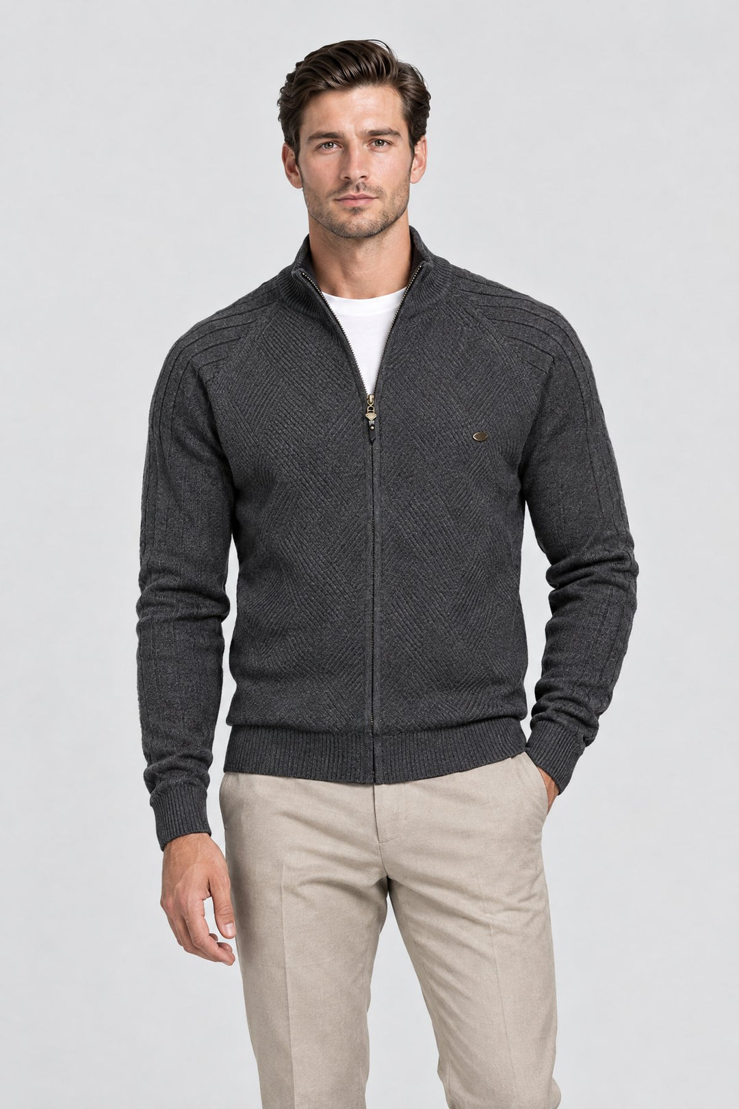 The Holland Zip Cardigan in Charcoal worn by model